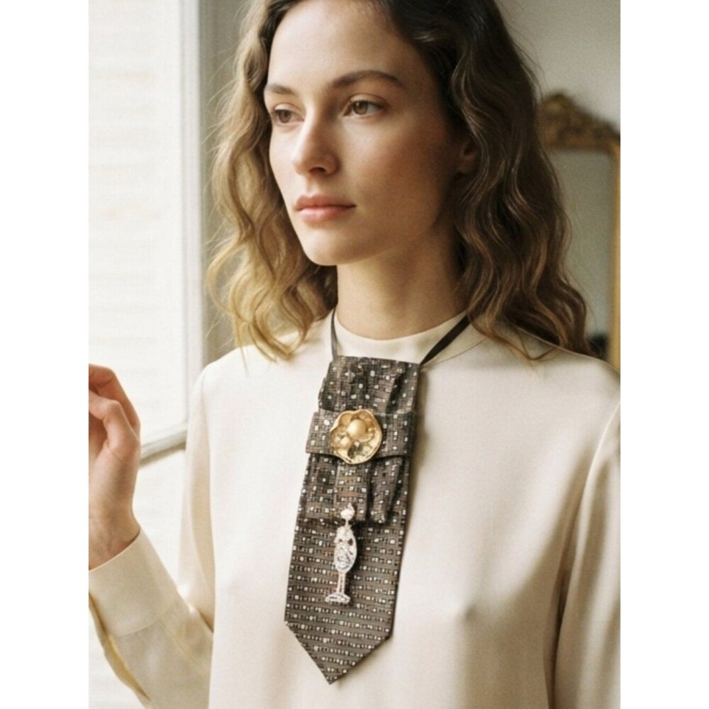 Bergamo New York Geometric Print Statemt Tie Necklace with Gold Pearl Brooch